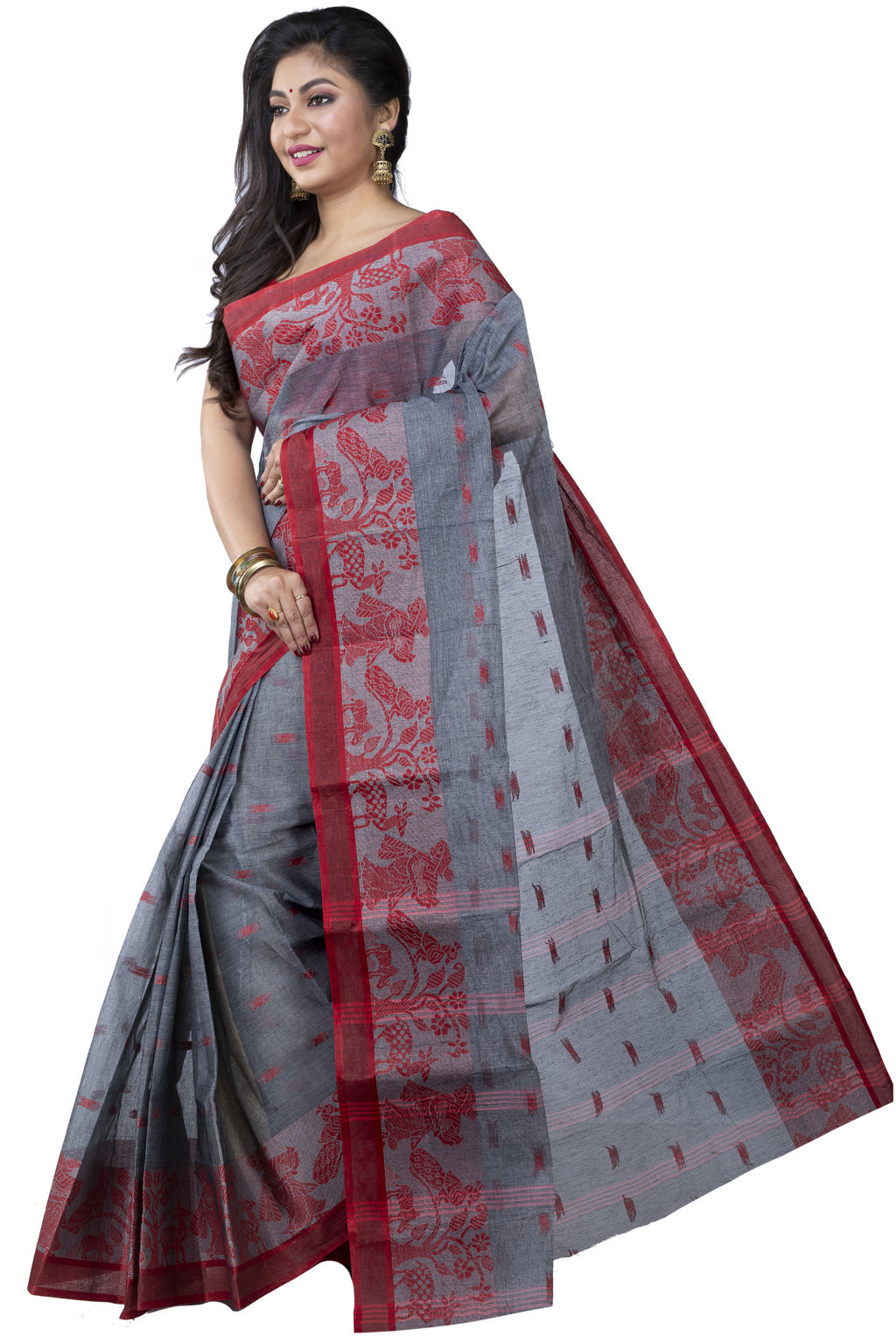 Grey Pure Cotton ParSakuntala Tant Saree (532)